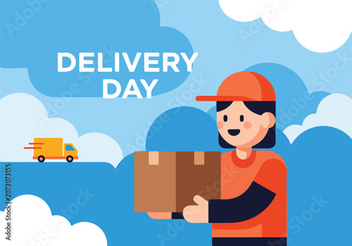 Delivery person holding box with truck and clouds