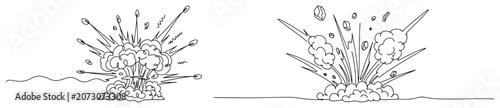 Konstfotografi Ground explosions with flying debris and smoke clouds in continuous line drawing