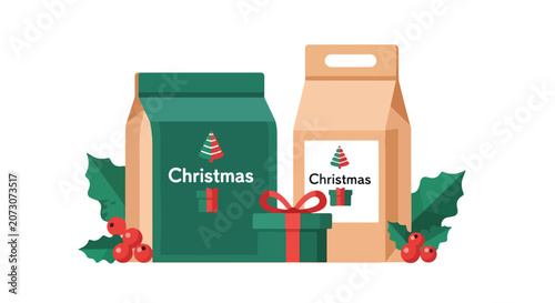 Festive Christmas gifts and bags with holly