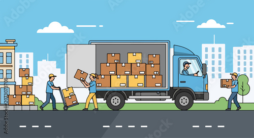 Delivery truck with workers loading/unloading boxes on a city street