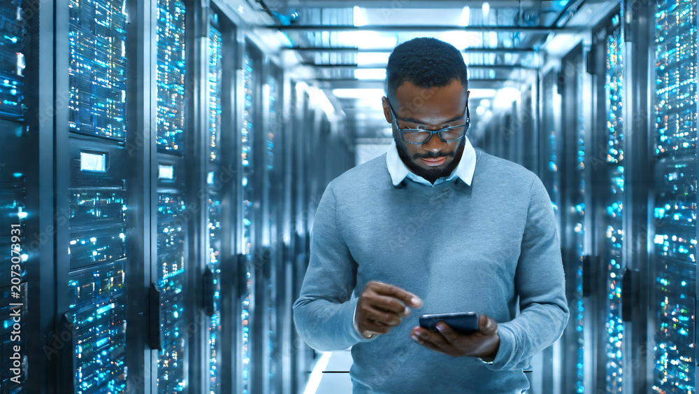 Fototapeta premium Professional IT technicians monitoring server performance and network systems inside a clean contemporary data center, collaborating with laptop computer and tablet while inspecting rows.