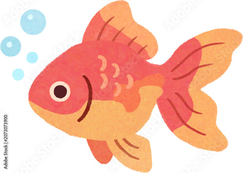 Cute goldfish illustration in a textured crayon drawing style with water bubbles.