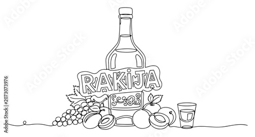 Canvastavla Rakija alcohol bottle with plums and grapes in continuous line drawing style