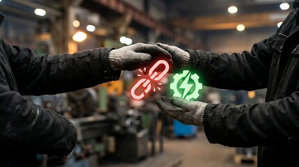 Factory workers holding traffic signs