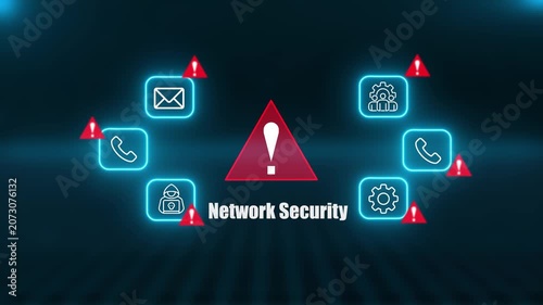 Digital  Network Security Warning Alert Showing Phishing Attacks Hacker Threats And Protection Icons On Dark Blue Glowing Abstract Background.
