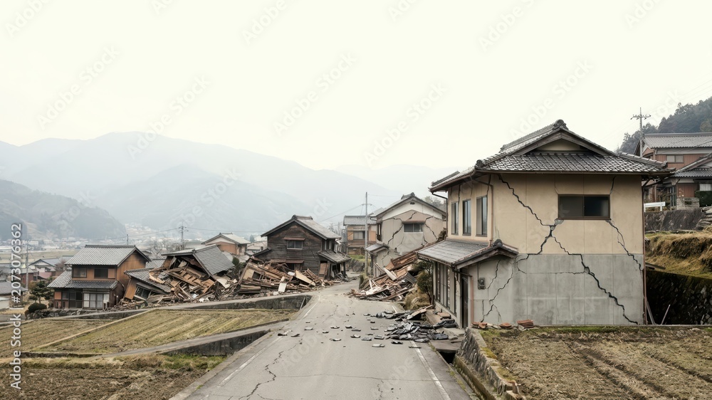 Fototapeta premium Damaged wooden houses and cracked asphalt road after earthquake in rural Japan. Natural disaster aftermath with destroyed home structure. Emergency relief and rebuilding concept.