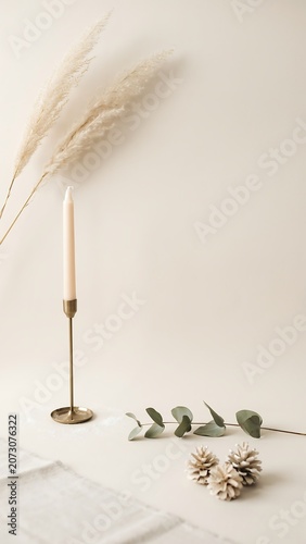 Minimalist Home Decor Still Life with Candle Pampas Grass and Pine Cones.