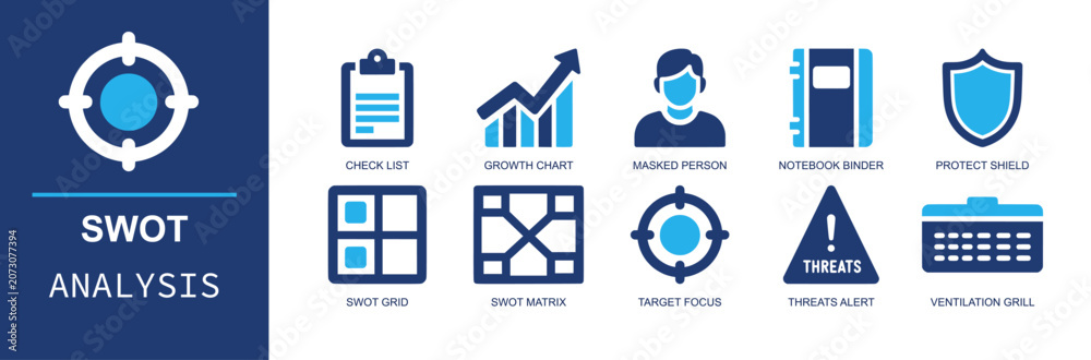 Φωτογραφία SWOT analysis icon set containing checklist, growth chart, masked person, notebook binder, shield, SWOT grid, SWOT matrix, target focus, threat alert and more in solid fill vector style
