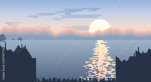 Fotografía Pixel art sunset over calm ocean water with reflection and silhouetted shorelines