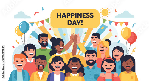 Diverse group celebrates happiness with balloons and banners