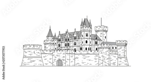 Foto Medieval fortified castle with towers and stone walls