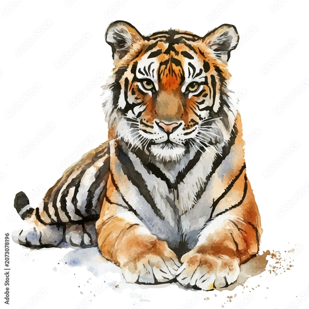 Obraz premium Tiger, illustration watercolor with dynamic strokes and balanced color harmony, isolated on a white background.