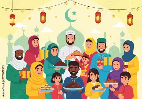 Diverse group celebrating with food and gifts