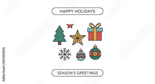 Festive holiday icons and greetings on white background