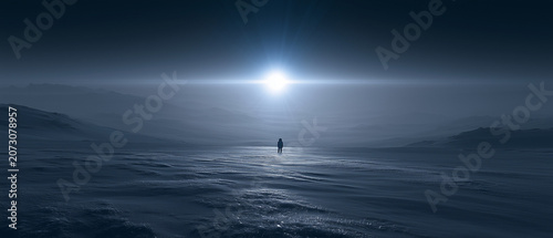 Lone Astronaut Watching a Neutron Star Illuminate an Alien Horizon