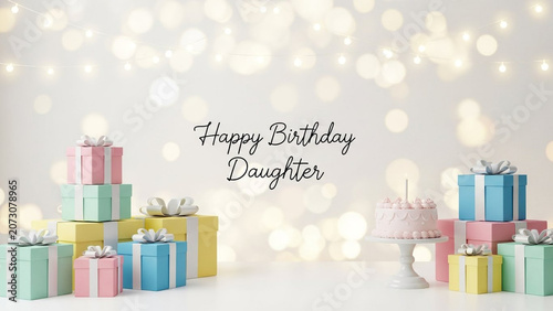 Birthday gifts, colorful presents, Happy Birthday Daughter card, celebration decorations, party favors
