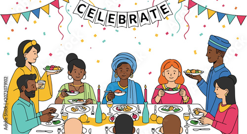 Diverse group celebrating with food