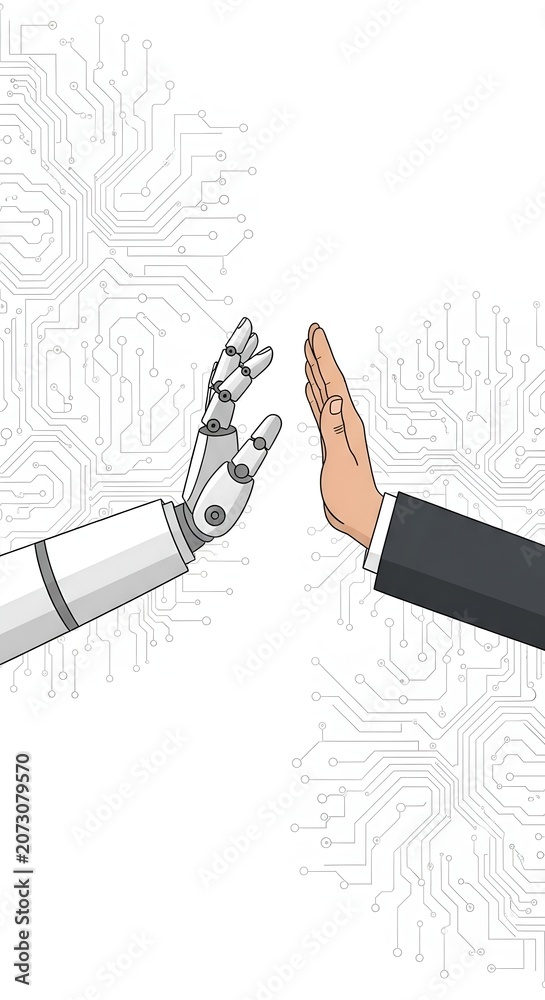 Obraz premium Line art drawing of humanoid robot hand giving high five gesture to human business person hand on circuit pattern background concept