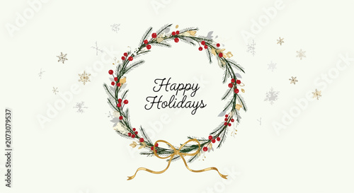 Festive holiday wreath with red berries and gold ribbon