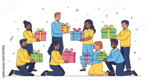 Diverse group of people exchanging gifts