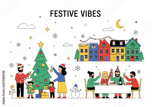 Festive scene with family decorating tree and having dinner