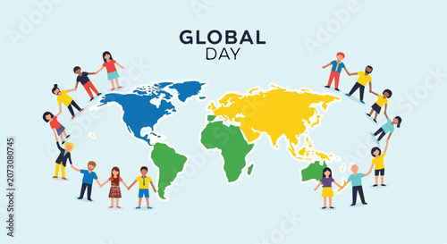 Diverse group of people holding hands around a colorful world map