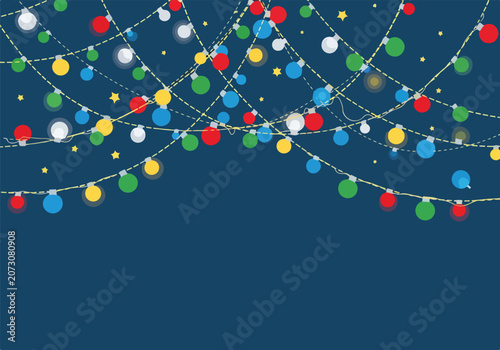 Festive string lights on dark blue background