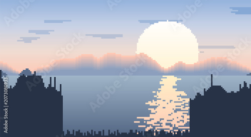 Vibrant pixel art sunset reflected on tranquil sea with silhouetted city skyline and mountains.