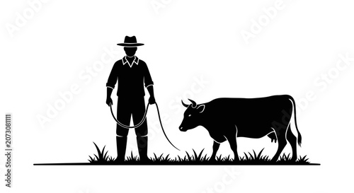Foto Farmer standing next to a cow represents traditional agricultural practices and livestock management on a farm