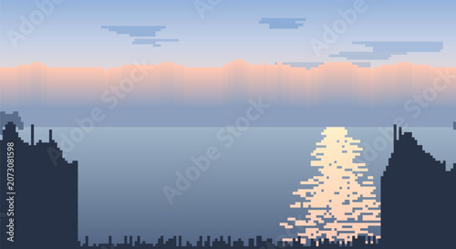 Pixel art pastel dawn sky over serene water with distant mountains.