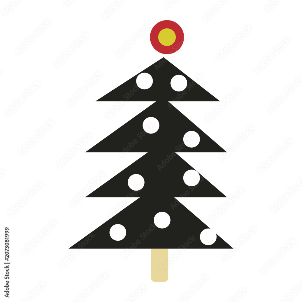 Fototapeta premium Minimalist black Christmas tree icon with white ornaments and red topper
