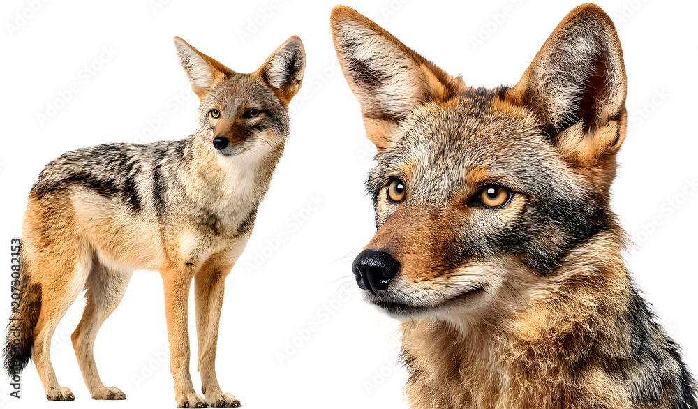 Obraz premium Two Black-Backed Jackals Isolated on White Background, Wild African Canids in Natural Pose