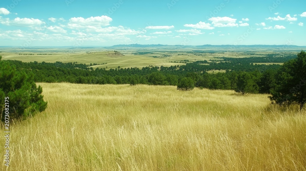 Obraz premium Expansive prairie valley landscape with tall dry grass in the foreground and a distant horizon under a blue sky with