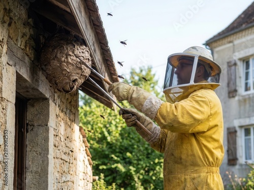 A specialist in a protective suit and headgear removes a wasp's nest from the roof of a house.