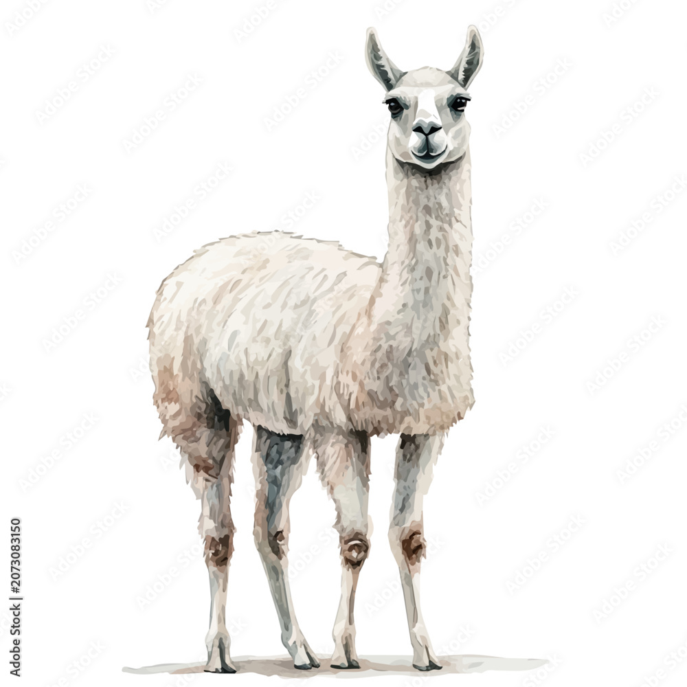 Fototapeta premium Llama, watercolor with intricate brush textures and gentle highlights, isolated on a white background.