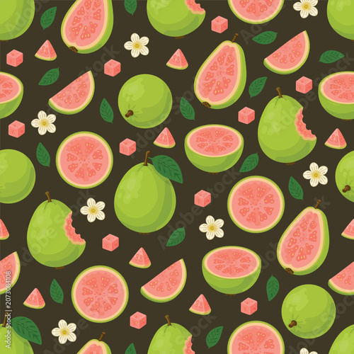Flat vector seamless pattern featuring guava fruits, slices, halves, cubes, leaves, and flowers. Tropical summer design for fabric and packaging.