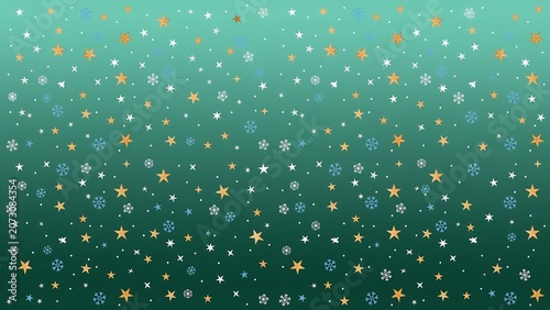 Festive Winter Background with Snowflakes and Stars on Light Teal Gradient.