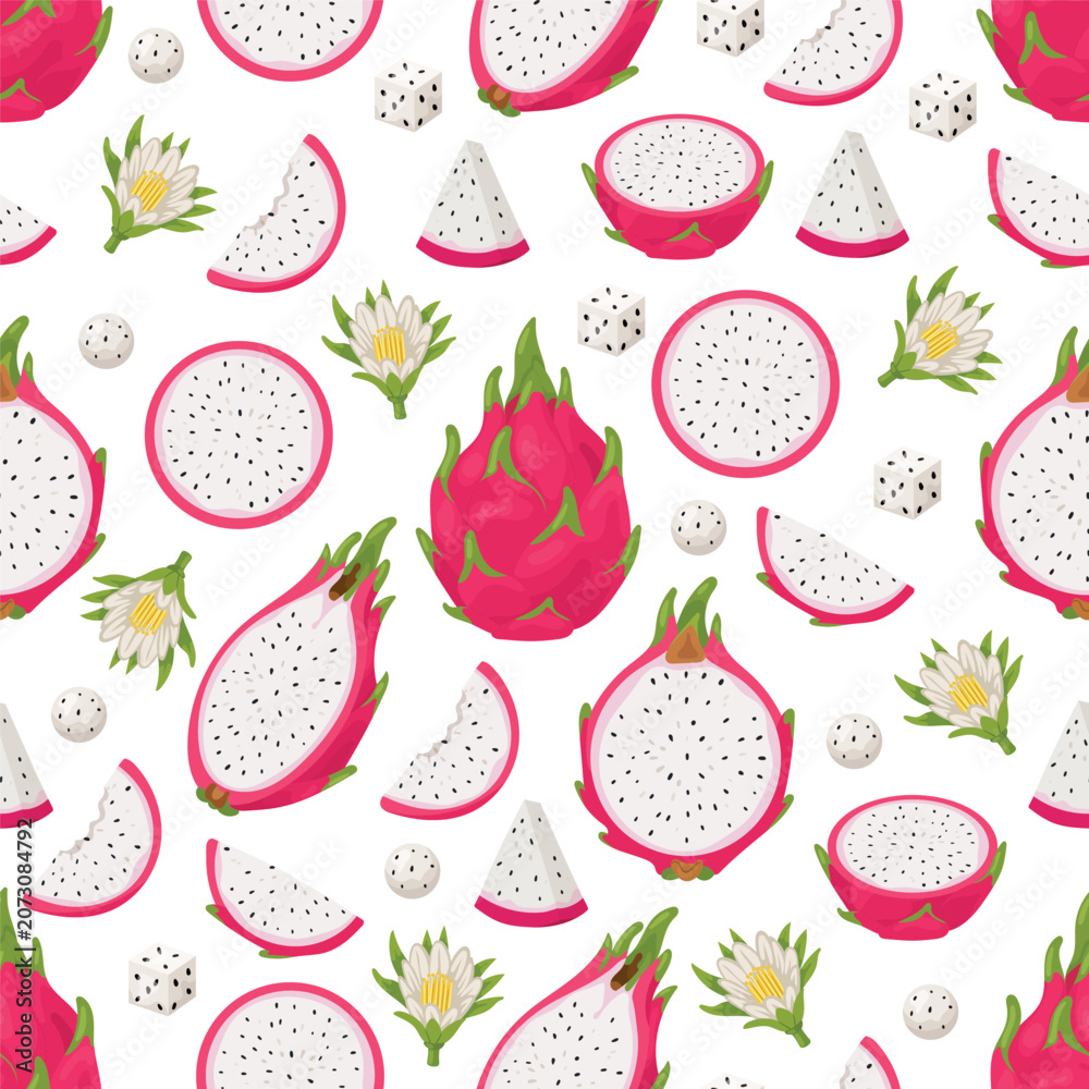 Fototapeta premium Seamless dragon fruit pattern with whole fruits, slices, flowers, seeds, and cubes. Flat tropical vector design for fabric and wrapping.