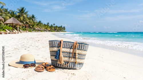 Summer beach vacation essentials: straw hat, sunglasses, sandals, and woven bag on tropical white sand by turquoise ocean.