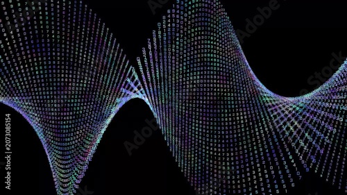 Futuristic wave of a matrix code ribbon on a background of multicolored digital numbers. Dynamic sine wave of neon numbers for technology presentations.