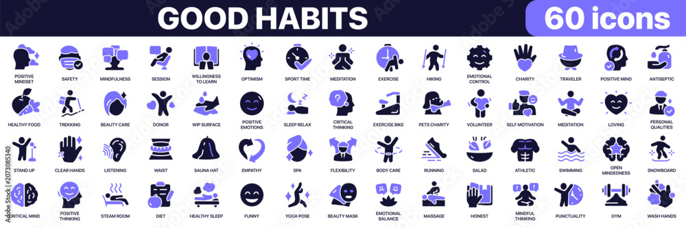 Fototapeta premium Good habits icon collection in purple colored style.Includes healthy lifestyle, wellness, self improvement, fitness, mindfulness, charity, learning, positive thinking