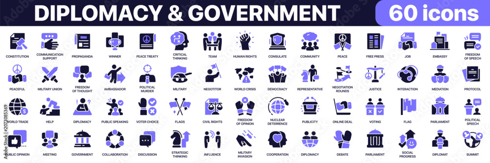 Fototapeta premium Diplomacy and government icon collection in purple colored style. Includes international relations, governance, negotiations, political institutions and public affairs icons in flat fill style