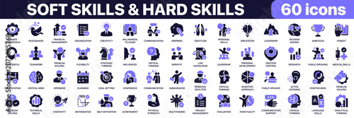 Soft skills and hard skills icon collection in purple colored style. Includes leadership, communication, professional development, technical expertise and workplace competency icons