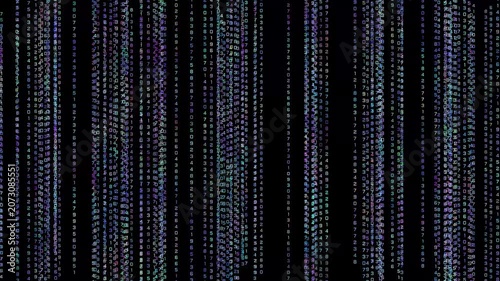 Color matrix digital rain with falling numbers and symbols on a black background. Animation of cyberpunk code rain, neon stream of falling data. Vertical scrolling of numbers and symbols.