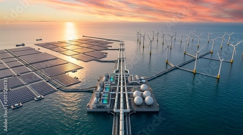 An expansive view of interconnected floating solar panels and offshore wind turbines situated in the marine environment