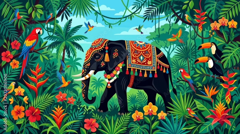 Fototapeta premium Colorful Elephant Surrounded by Vibrant Tropical Jungle Scene