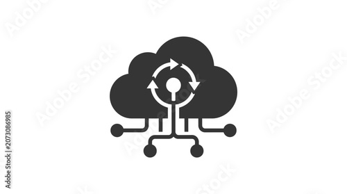 Cloud computing icon displays a digital network symbol with circular arrows representing data synchronization and storage processes.