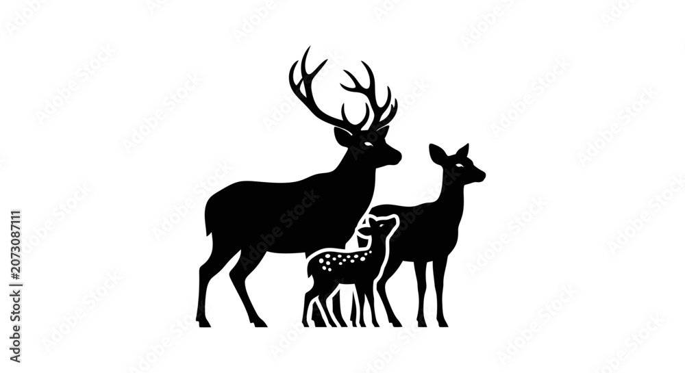 Naklejka premium Deer family including a majestic buck and a fawn stands together as a symbol of wildlife conservation and natural beauty in the wilderness.