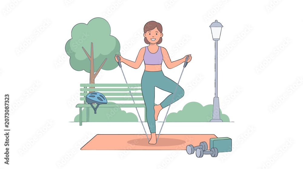 Fototapeta premium Woman exercising with jump rope on mat in park illustration