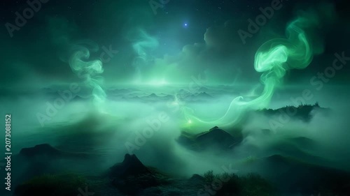 Abstract green smoke formations drifting through darkness creating eerie cinematic visual atmosphere